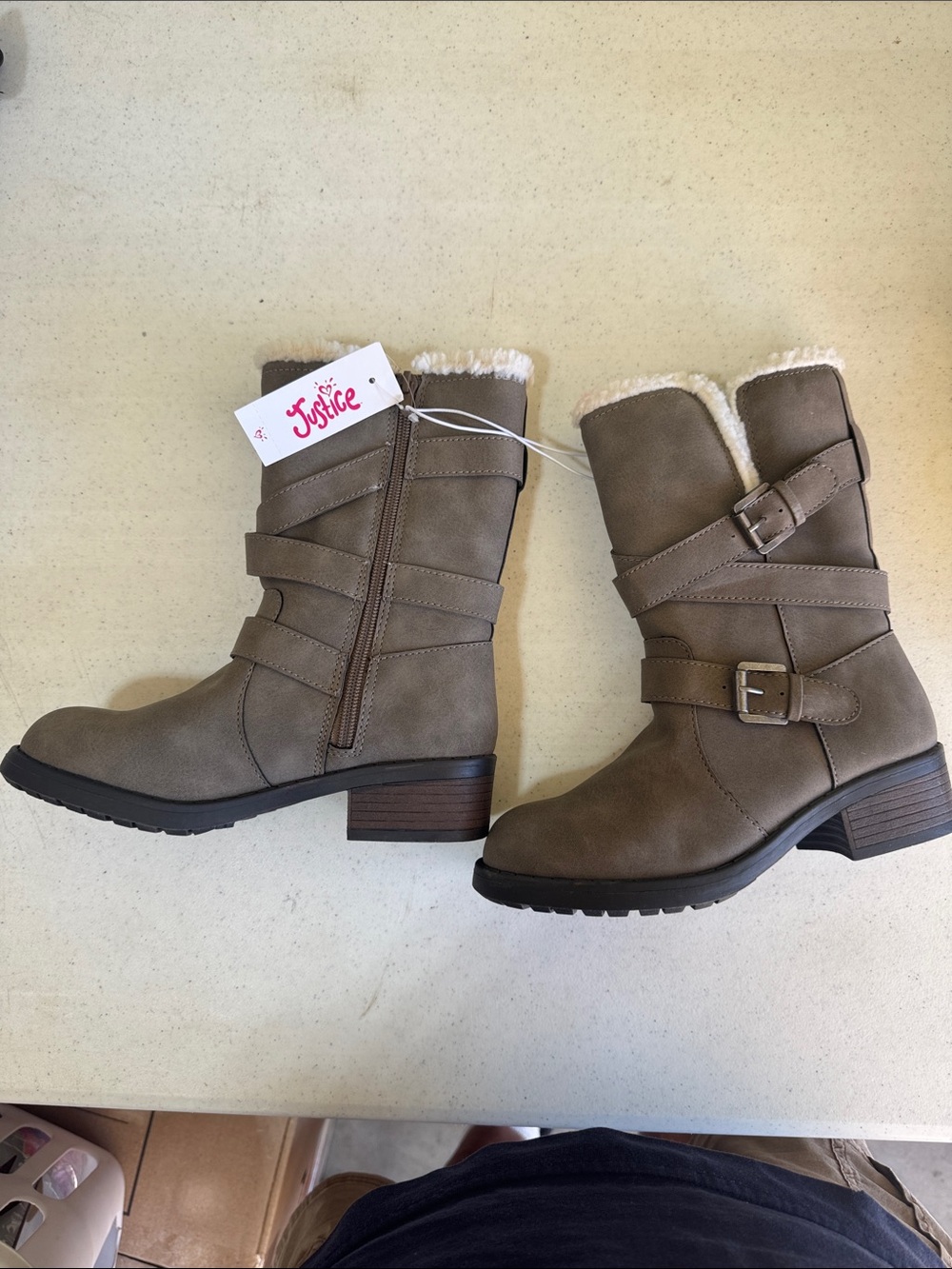 Justice Taupe Faux-Sherpa Buckle Moto Boots